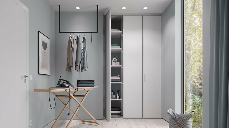 Drehtür S1200, Falttür S1200, Silber eloxiert, Floatglas Matelac® Pure White, Innensystem Uno, Weiß-Dekor, Platinweiß ST2, Weiss, Hauswirtschaftsraum, HWR, Hinge door, Folding door, silver anodized, Float glass Matelac® Pure White, Interior System Uno, white-decor, platinwhite ST2, white, utility room